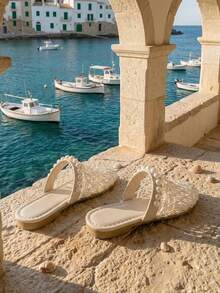 1 Pair Girls' Summer Fashion Slippers, Asymmetrical Woven Beige Upper, Slip-On Peep Toe Sandals, Suitable For Home, Beach, Walking - Beige - View 4