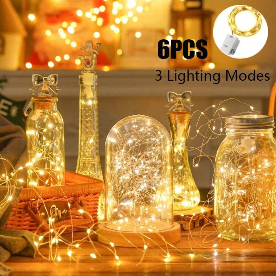 6入 2m 20 LED 銅線串燈，3種燈光模式，含電池，臥室牆面裝飾、戶外花園植物裝飾、婚禮派對裝飾、音樂節裝飾、戶外露營帳篷裝飾