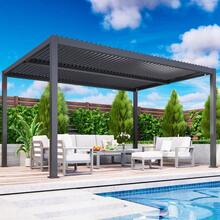 調整可能な金属製屋外日よけパーゴラ 12x20フィート カーテン＆ネット付き 雨樋システム ダークグレー 庭用 (12'x20'、黒色) - ブラック - チェックする 1