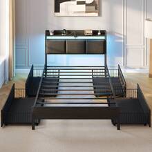 GREENSTELL Bed Frame Twin Size With Charging Station And LED Lights, Upholstered Storage Headboard With Drawers, Heavy Duty Metal Slats, No Box Spring Needed, Noise Free, Easy Assembly, Bedroom Deroc - Dark Grey - View 6