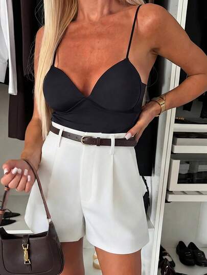 女士纯色梭织直筒短裤，带口袋，无弹力，拉链闭合，休闲日常穿着