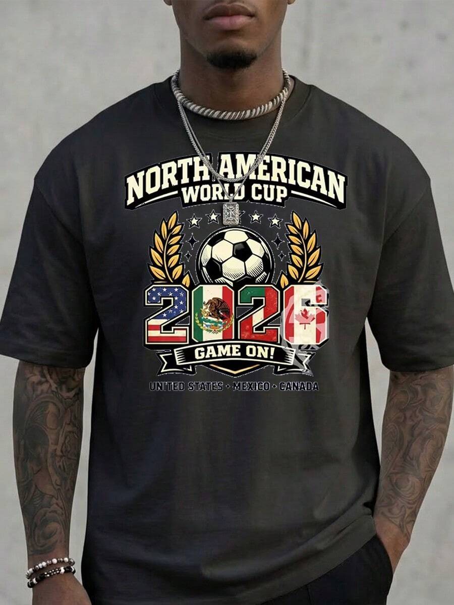 FIFA 2026 North American World Cup Men's Plus - Size T - Shirt With USA, Mexico, Canada Flags & Soccer Ball Print, 100% Cotton Breathable Comfortable Essential For Cheering On Your Team - 黑色 - 查看 1