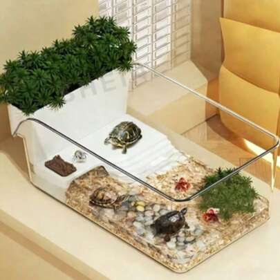 1pc Turtle Tank With Basking Platform, Reptile Terrarium For Small Turtles & Crabs, Desktop Aquarium, Easy To Clean, Amphibian Habitat
