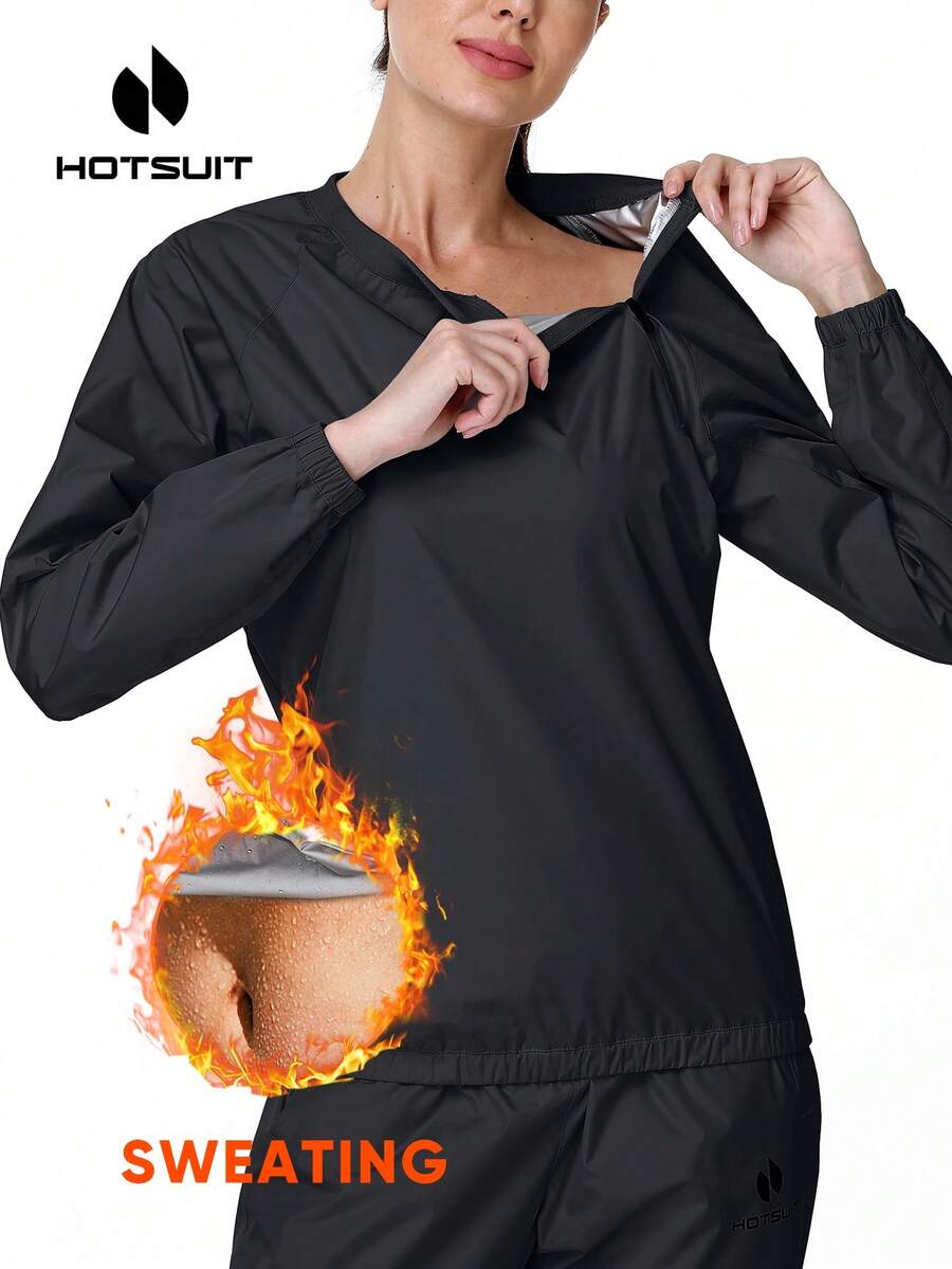 HOTSUIT 女士纯色半拉链套头运动外套，侧拉链设计 - 轻便桑拿上衣，适合健身房、健身和训练，情人节礼物 - 黑色 - 查看 1
