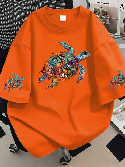 Áo thun nữ cỡ lớn cổ tròn tay ngắn in hình rùa biển, kiểu dáng thường ngày, đa năng.