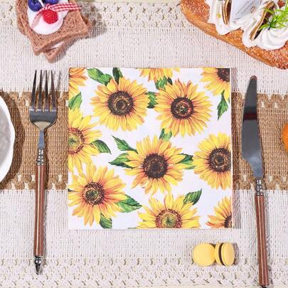 20/40/60Pcs,Floral Sunflower Party Cocktail Beverage Paper Napkins Sunflowers Party Supplies Sunflower Paper Luncheon Napkins Spring Yellow Sunflowers Disposable Dessert Tissues For Spring Flower Wedding Holiday Bridal & BabyShower Tableware Party Supplies