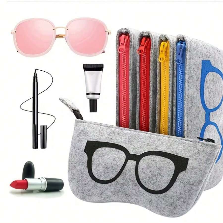 5pcs/Set Unique Soft Felt Eyeglass Cases - Colorful Eye Design, Portable Durable Fashion Eyeglass Holder, Unisex, Zipper Closure, Cute Eyeglass Case - Multicolor - View 1