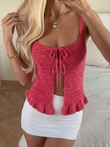 女士性感粉色钩针方领系带荷叶边下摆露脐吊带针织上衣，春夏款 - 紅色 - 查看 4