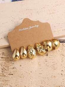 4-16pcs Fashionable Shell Texture Water Drop Twist C-Shape Earrings, Suitable As Gifts For Holidays And Loved Ones - Gold - View 2