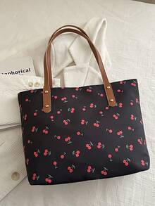 2个装樱桃图案涤纶大容量拉链时尚女士单肩手提包，适合春夏季日常使用 - 彩色 - 查看 8