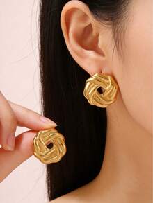 18K Gold-Plated Stainless Steel Women's Earrings With 316L Hooks; Hypoallergenic; Elegant Braided Design; Stylish, Minimalist, And Classic Jewelry; Perfect For Everyday Wear, Holidays, Vacations, Or Parties - Multiple Styles - View 1