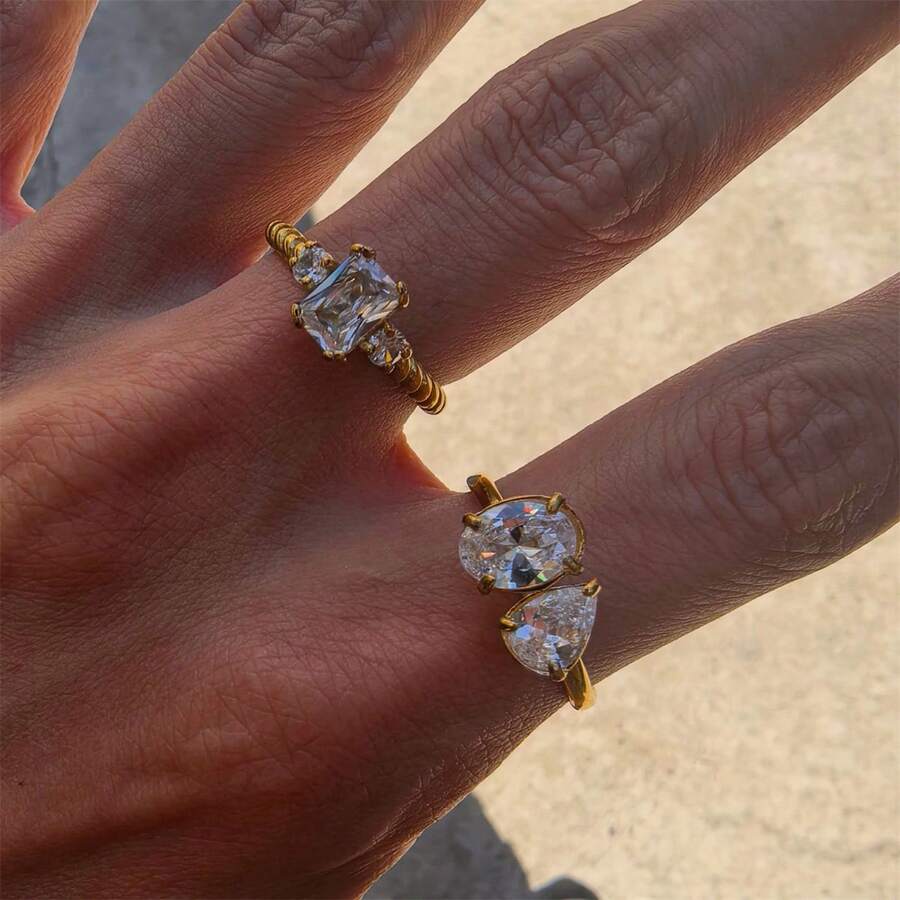 VKHK 1 chiếc nhẫn bằng thép không gỉ mạ vàng 18K đính đá Zirconia, thích hợp cho nữ đeo hàng ngày và trong các dịp cưới, làm quà tặng. - Nhiều màu - Xem 1