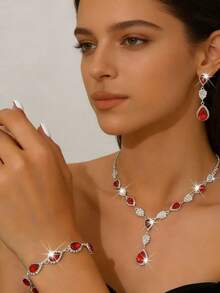 时尚婚礼立方氧化锆水滴耳环、项链和手链套装 - 1662796紅色套裝 - 查看 4