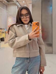 Women's Thick Tweed Jacket In Powder Pink, Front Zipper With Pockets, Street Style Autumn/Winter Coat - Beige - View 9