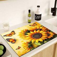 1pc Sunflower Print Kitchen Counter Dish Drying Mat, Super Absorbent, Hides Stains, Rubber Backed Multi-Purpose Dining & Kitchen Pad, Suitable For Coffee Maker, Dish Rack, Coffee Table, Countertop - Multicolor - View 8
