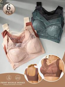 6 Pieces Women's Large Bra Gathered Soft Ice Silk Seamless Top Bra Lace No Wire Ring Summer Bra Tops Underwear - 彩色 - 查看 9