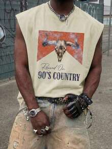 Camiseta sin mangas con gráfico de calavera de toro y eslogan de música country de los 90, top de tirantes casual de verano estilo vaquero y cowboy para hombres - Albaricoque - Ver 2