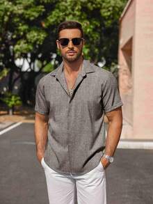 Mens Short Sleeve Linen Shirts Button Down Casual Summer Beach Tops For Daily Commute - Brun - Visa 2