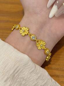 1pc Bohemian Style Inlaid Floral Patchwork Bracelet, Fashionable Luxury Elegant Floral Bracelet, Gift For Women - Gold - View 3