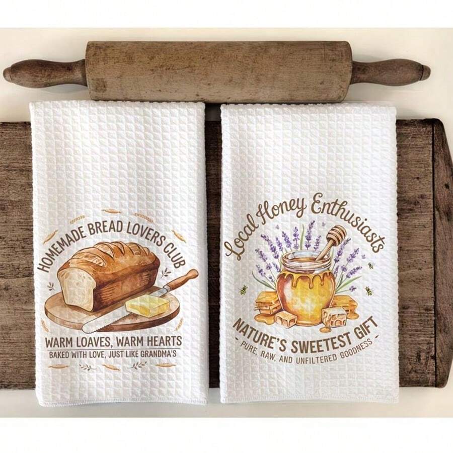 2pcs Microfiber Dishcloth Set (With Bread And Honey Watercolor Print Pattern), Dish Towel, Decorative Kitchen Dishcloth, Absorbent Tea Towel, Suitable For Cooking, Baking, Housewarming Gift, Cleaning Supplies, And Bathroom