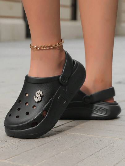 Women's New Hollow Clogs, Black Wooden Sandals, Garden Shoes, Slippers, Sandals, Beach Shoes, Matching Accessories (Detachable And DIY), Fashion Versatile, Suitable For Summer Outdoor Leisure And Sports, EVA Sole Lightweight, Comfortable, Soft And Breathable