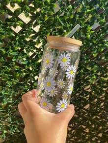 一套优雅雏菊造型冰咖啡/抹茶玻璃吸管杯，16.91盎司大容量，带盖和吸管，冷饮吸管杯，罐形玻璃吸管杯，家用饮水杯 - 彩色 - 查看 3