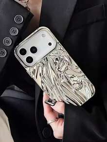 1 pieza Funda de teléfono con patrón de ondas plateado chapado en plata, diseño minimalista de silicona, compatible con iPhone 17 Pro Max. Funda protectora de silicona minimalista compatible con iPhone 15 Pro, 16 Pro Max, 13, 14 Plus, regalo de primavera - Plateado - Ver 4