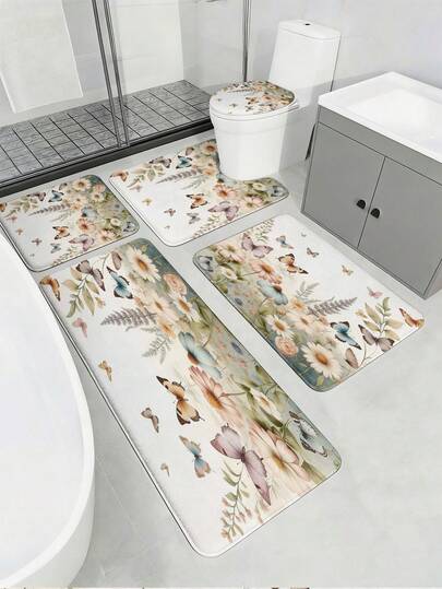 3/5pcs French Country Spring Garden Bathroom Mat Set, Butterfly & Floral Pattern, Soft Absorbent Non-Slip Bathroom Accessories - Includes Toilet Lid Cover, U-Shaped Toilet Mat, Bathroom Door Mat, Vanity Mat, Bathtub Large Foot Mat - Flannel + Memory Foam + Polyester Fabric - Washable, Mildew-Resistant Bathroom Mats - Suitable For All Seasons, Home/Hotel/Dorm/Outdoor Camping/Western Style/Holiday Bathroom Decor, Back To School Essential, Housewarming/Mother's Day Gift