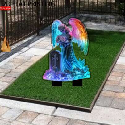 2D平面花园墓碑纪念装饰品，单件装，天使造型，花卉图案，波西米亚风格户外墓碑，易于插入黑色插杆，适用于阵亡将士纪念日、亡灵节，天使装饰，色彩鲜艳，2D平面，户外装饰/花园插杆