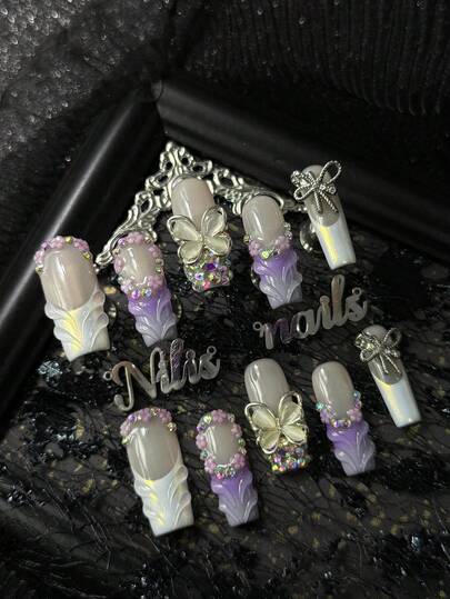 10pcs Acrylic Press On Nails Long Square Nails, Lilac Purple Nails, Lilac Purple&White Aurora French Nails, Hand Drawn Transparent Water Ripples, 3D Metal Butterflies&Metal Bows&Pink Purple Flowers&Iridescent Diamonds And Other Nail Accessories And Accessories, Dreamy Fairy Style, Y2k Sweet And Cool Style Wearable Nail Art Set,Acrylic Nail Supplies Are Suitable ForFestivals,Daily,Gatherings,Parties&Ball Use(With: A Piece Of JellyGlue And A Friction Strip) Nail Supplies