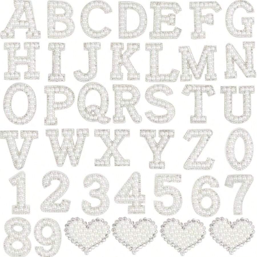 40片白色钻石珍珠贴纸，带背胶，包含26个英文字母A-Z、10个阿拉伯数字0-9和4个心形图案，可用于DIY服装、布料和背包。 - 多色 - 查看 1