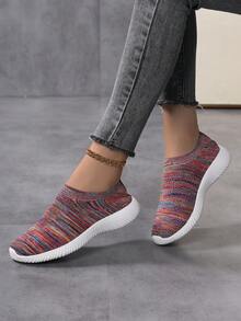 女士针织弹力透气轻便休闲平底一脚蹬运动鞋，情侣百搭宽松跑步鞋 - 彩色 - 查看 5