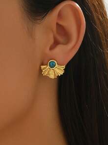 1 Pair Vintage Unique Fan-Shaped Earrings, Dazzling Luxurious Material, Delicate Fan Texture, Paired With Alluring Turquoise, Minimalist Yet Fashionable - Earring - View 2