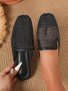 2026 New Vacation Style, Lace Mesh Breathable Hollow-Out Rhinestone Comfortable And Fashionable Backless Flat Mules, Hollow Design, Square Toe Women Sandals, Holiday Gift - Black - View 1