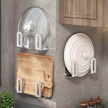 2/4pcs No-Drill Wall-Mounted Pot Lid Rack | Carbon Steel Material, Universal Kitchen Pot Lid Rack + Cutting Board Storage Rack + Kitchen Utensil Rack / No-Drill Cabinet Pot Lid Storage Rack, Suitable For 6 To 13.5 Inch Pot Lids Top-Mounted Storage Rack - Grey - View 6