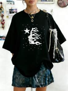 Plus Size Hellstars Classic Flame Head Star Y2K Graphic T-Shirt,220g 100% Cotton,Round Neck Short Sleeve,Black Streetwear Essential For Summer Going Out,Unisex Style - Black - View 1