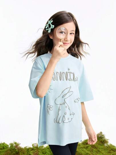  Annil Children's Short-Sleeved T-Shirt, Cool-Feeling Fabric, Elastic Raglan Sleeves, Contrast Color, Girls' Top