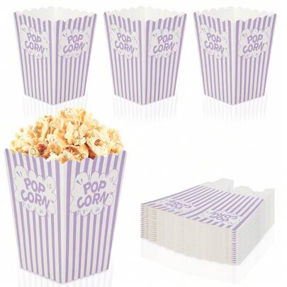 10个/20个/30个装浅紫色纸质爆米花盒，印有英文字母“Popcorn”，白色条纹，适合派对、生日派对、电影之夜等场合，一次性爆米花容器