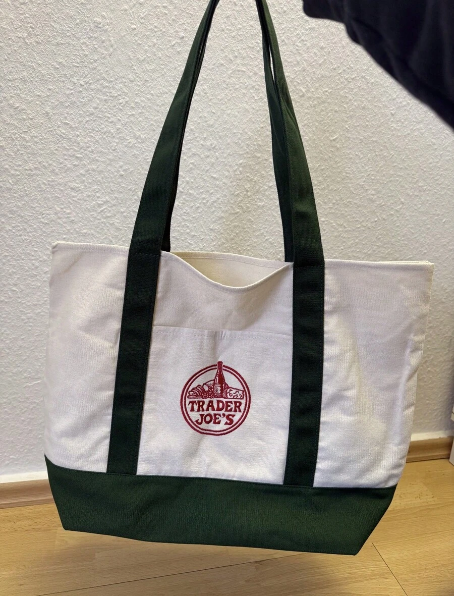Trader Joe Large Tote Shopping Bag Cotton Canvas Embroidered Bag - 深藍色 - 查看 1
