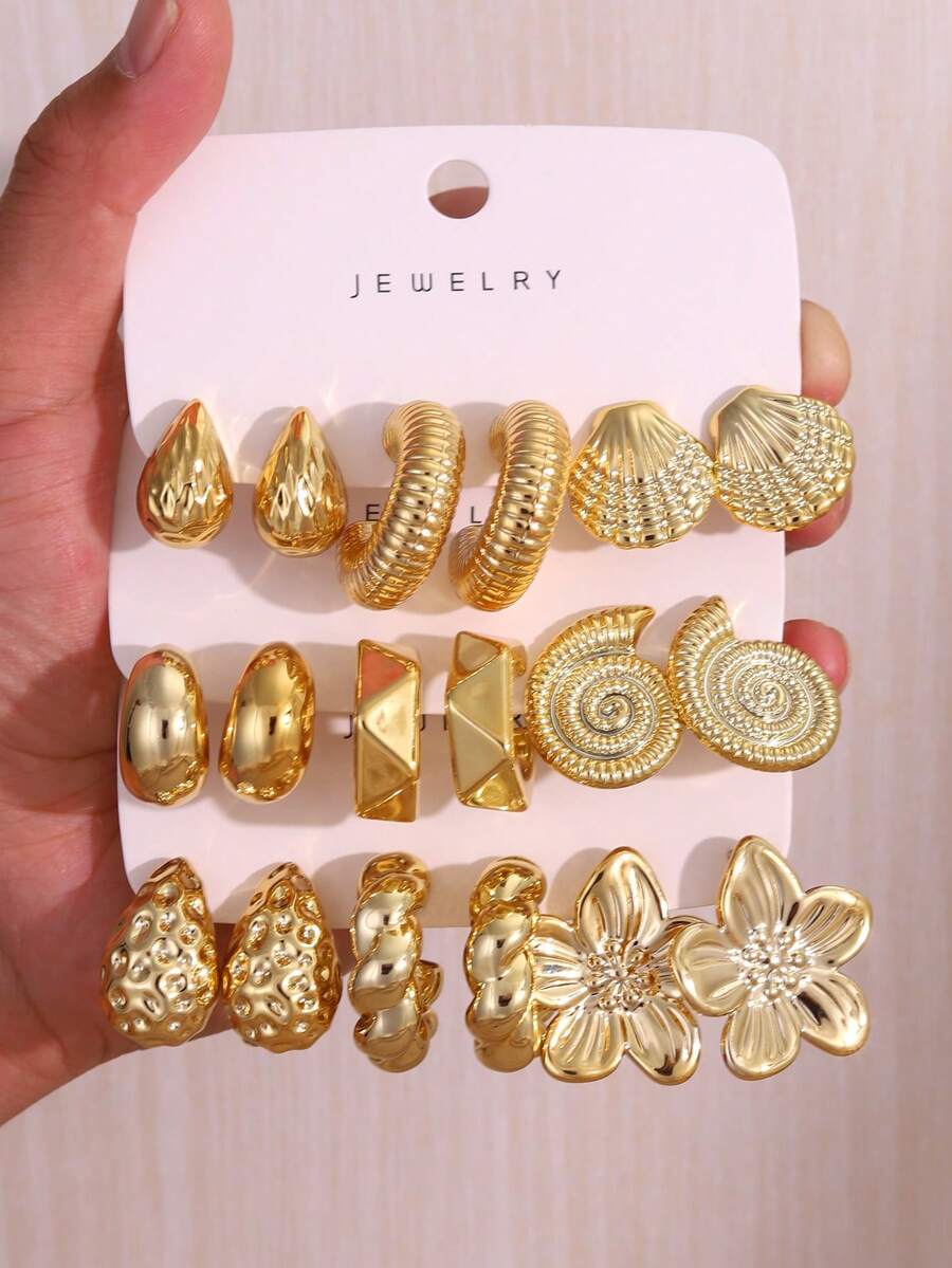 3-9对/套 金色贝壳、海星、五瓣花、水滴多元素耳环，奢华优雅百搭新款设计 - 金色 - 查看 1