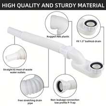 1 ống thoát nước bồn tắm mềm dẻo, bộ ống thoát nước phẳng 1 1/2 inch chống rò rỉ được nâng cấp, bẫy chữ P phẳng, ống thoát nước bồn tắm độc lập mềm dẻo cho bồn tắm - Trắng - Xem 5