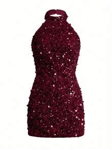 Đầm sequin không tay gợi cảm dành cho nữ của Unadoll, thích hợp cho các buổi tiệc cocktail, lễ hội âm nhạc, tiệc tùng, sự kiện, sinh nhật, ngày Valentine và các dịp khác. - Màu Đỏ Sâu - Xem 4