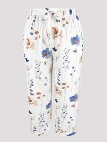 大码纯色无定位印花弹力腰带抽绳口袋四向弹力面料白色花卉休闲度假裤，春夏款 - 白色 - 查看 2