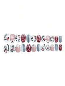 24 Pieces Oval-Shaped Pressing Nails, Summer French Stripes, Red And Green Floral Pattern Design. Perfect For Spring And Summer Seasons. Artistic Nail Accessories, Nail Decoration. Fully Covered Detachable Fake Nails. Suitable For Women's Dates, Parties, Work, Outings, Daily Use, Etc. ! - Nhiều màu - Xem 5