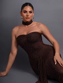 Elegant Strapless Pleated Mesh Evening Dress, Featuring Graceful Pleated Design And Alluring Sheer Skirt, Suitable For Romantic Dates, Upscale Galas, Fashion Photography, Art Events, And Stylish Soirees - Brown - View 10