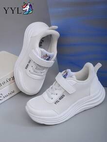New All-Season Solid Color Stylish Ultra-Lightweight Basic Non-Slip Elastic Running Shoes, Fashionable Comfortable Wear-Resistant Lightweight Campus Style, Hook And Loop Easy Wear, Lasting Process, Stable Foot Support, EVA Outsole Suitable For Daily Wear And Running - White - View 6