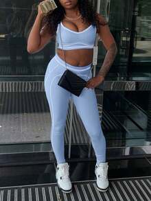 LovelyWholesale Women's Sporty Contrast Trim Cropped Tank Top And Leggings Set, Suitable For Fitness And Workout - Blue - View 4