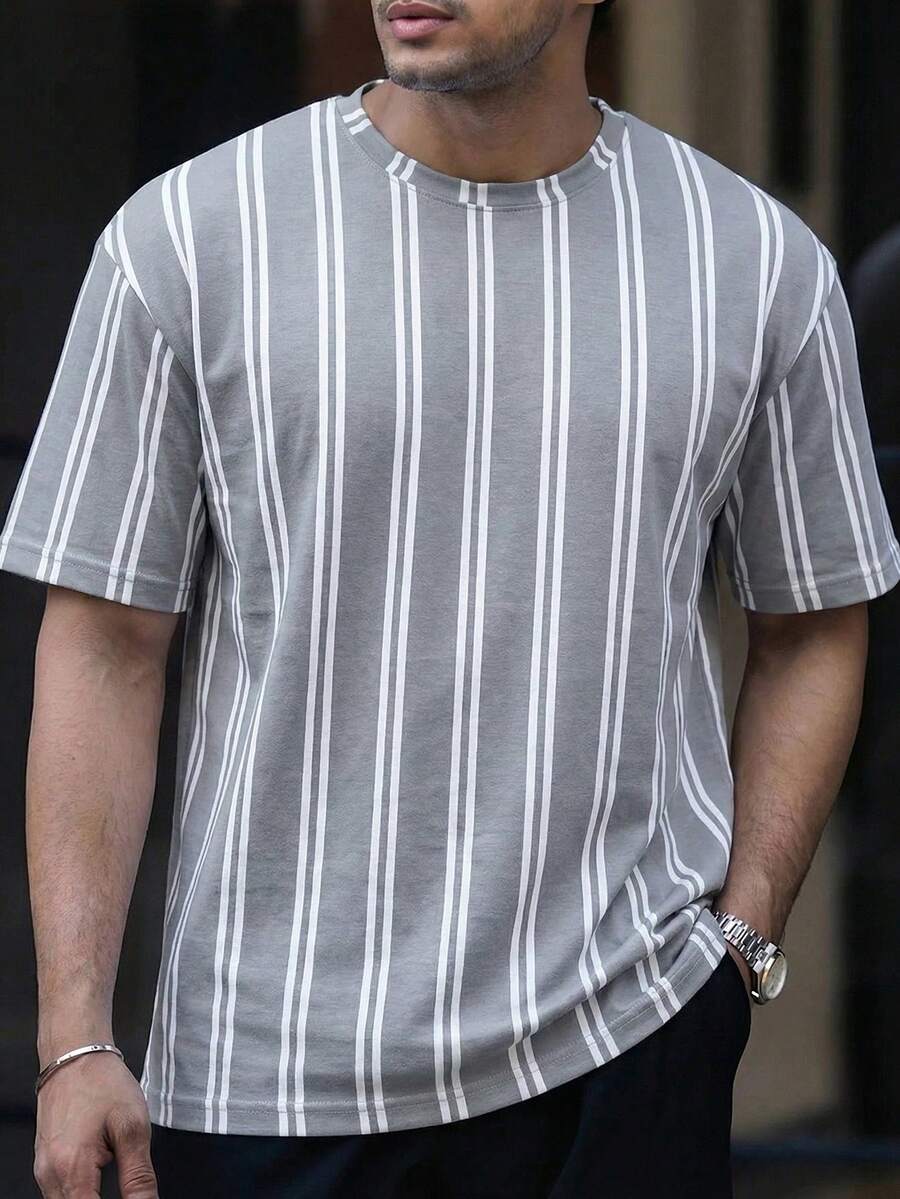 男士时尚条纹宽松休闲短袖T恤 - 灰色 - 查看 1