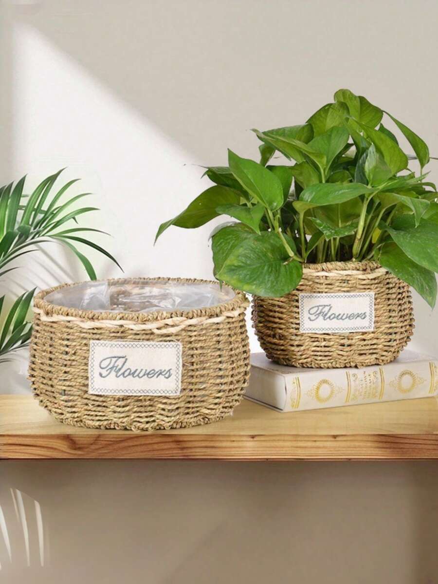 波西米亚风手工编织草编花盆套 - 天然海草编织花盆架,适用于室内植物,乡村风格家居装饰,带防水内衬 - A - 查看 1