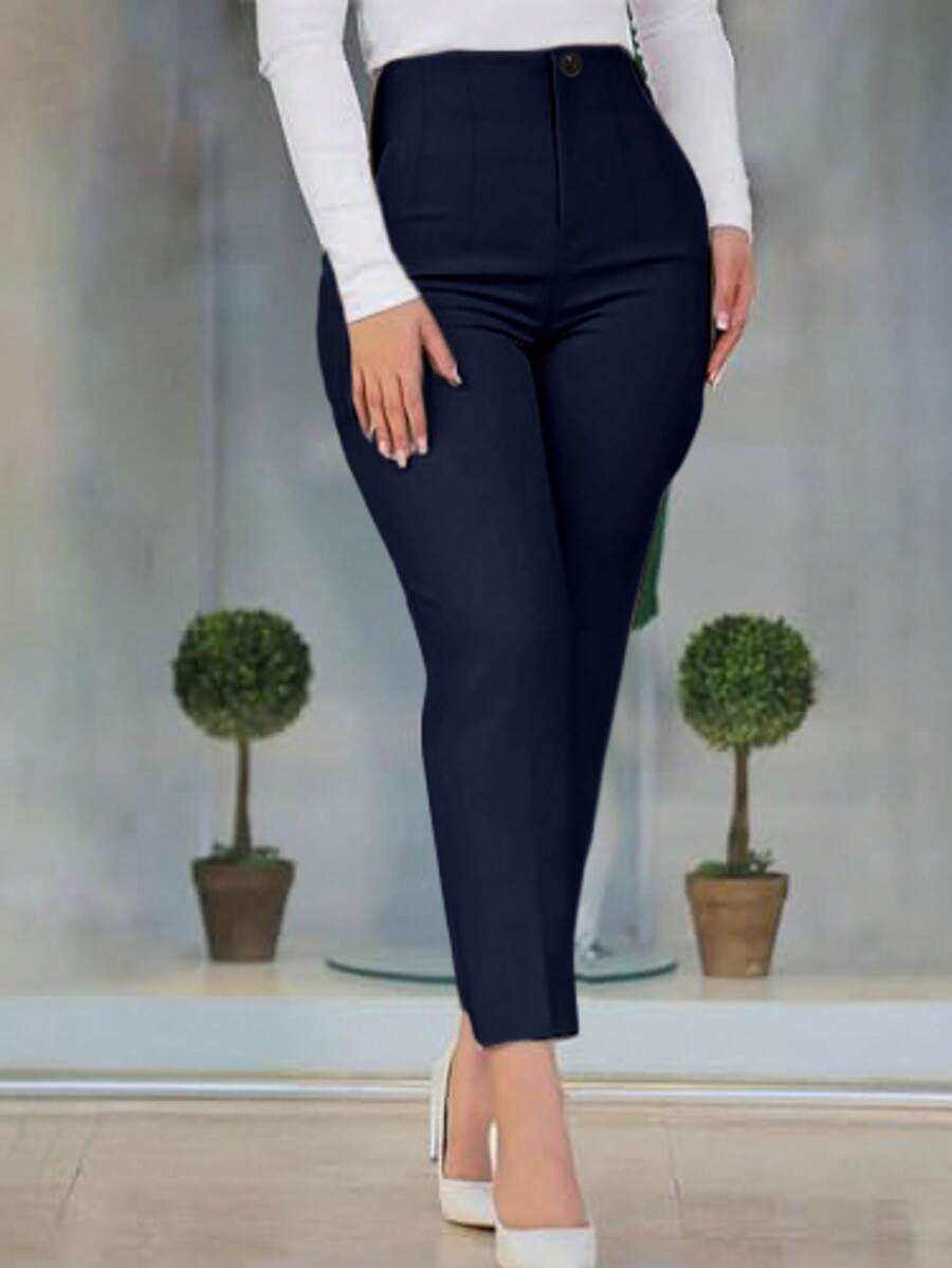Pantalones casuales de unicolor con ajuste ceñido para mujer de talla grande, adecuados para ir al trabajo y uso diario en primavera - Azul Marino - Ver 1